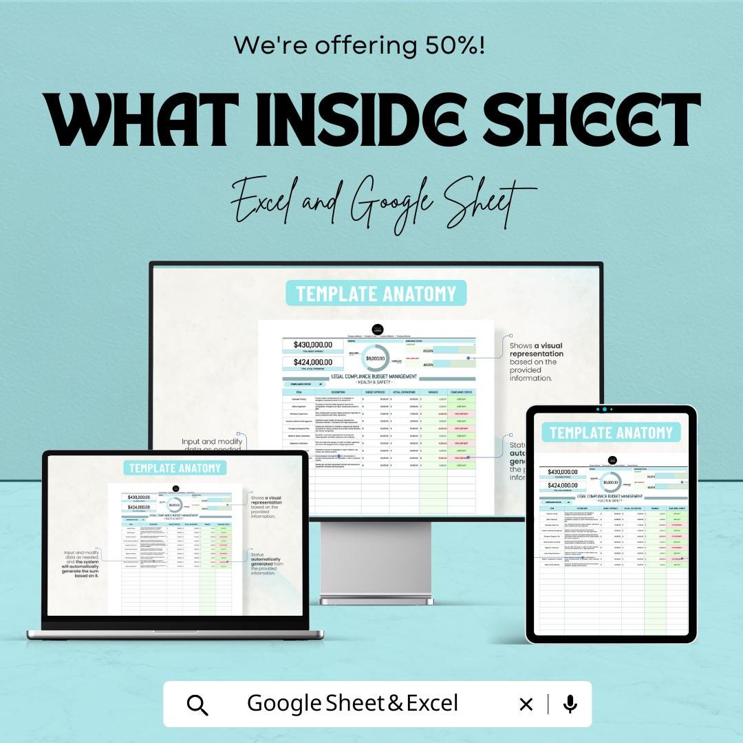 Health & Safety Legal Compliance Budget Management Sheet - Excel and Google Sheets Template for Compliance Tracking and Budget Management