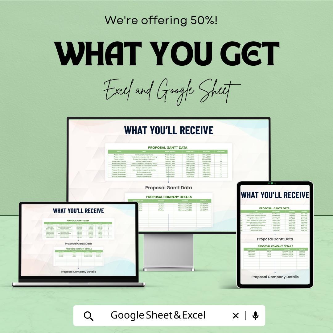 Proposal Gantt Chart Template Excel & Google Sheets | Project Timeline Planner | Proposal Management Spreadsheet