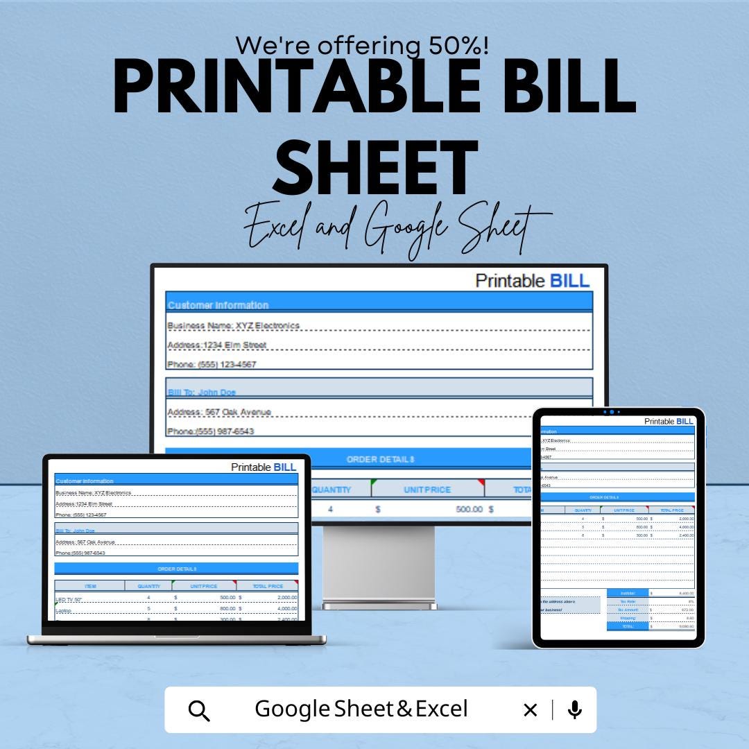 Printable Bill Template - Excel and Google Sheets, Customizable Invoice Bill, Professional Billing Sheet, Tax & Quantity Tracker
