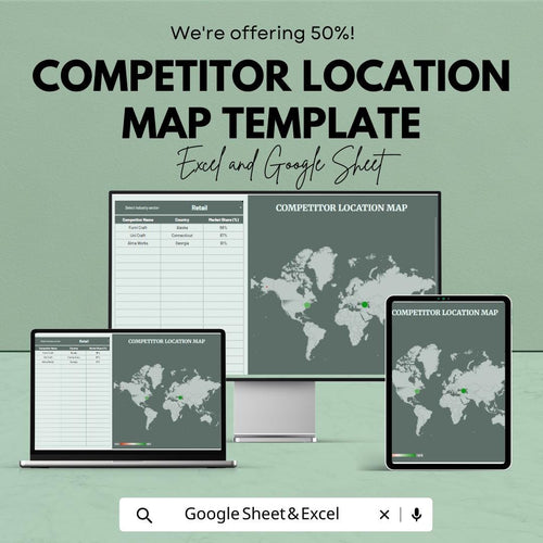 Competitor Location Map Template Excel, Market Analysis Map, Business Competitor Tracker, Google Sheets Dashboard, Market Share Map