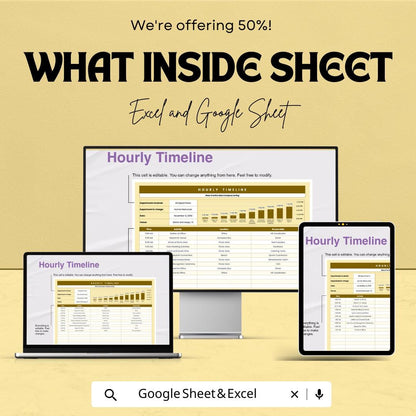 Hourly Timeline Sheet | Daily Schedule Template | Hourly Planner for Work | Excel & Google Sheets Template | Time Management Tool