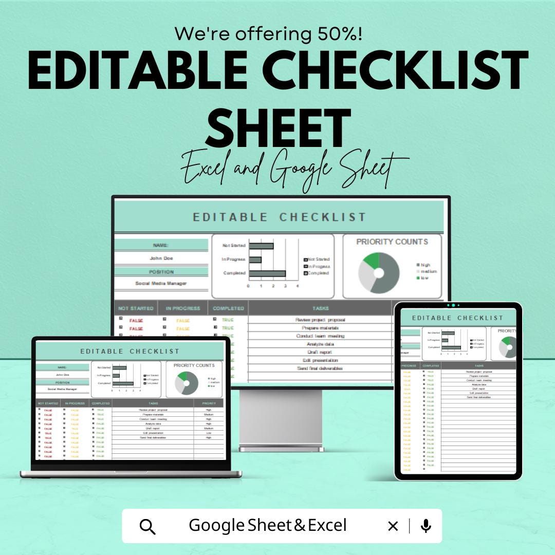 Editable Checklist Sheet | Excel and Google Sheets | Customizable Task List Template | Track Tasks & Progress | Priority Tracker |
