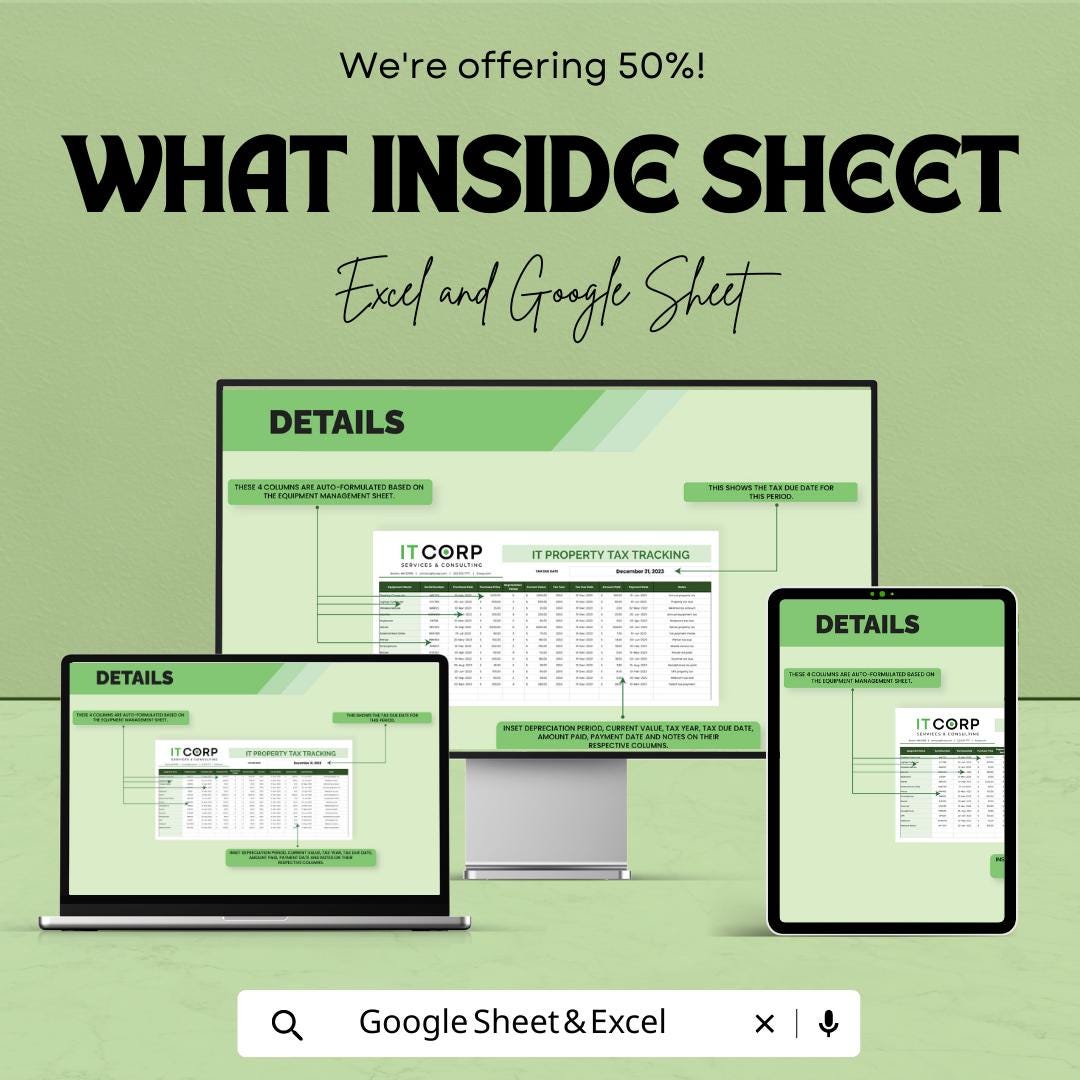 IT Property Tax Tracking Spreadsheet | Asset Tax Tracker Template | Equipment Tax Log | Business Asset Management Sheet