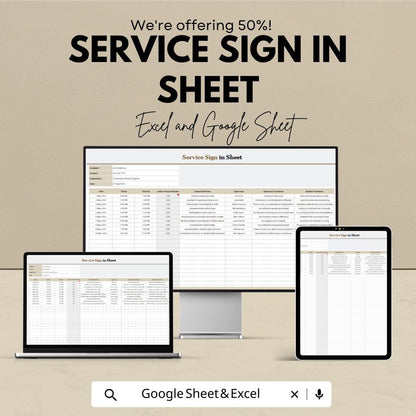 Service Sign In Sheet - Excel and Google Sheets Template | Track Attendance & Service Activities | Service Provider Sign-in Sheet |