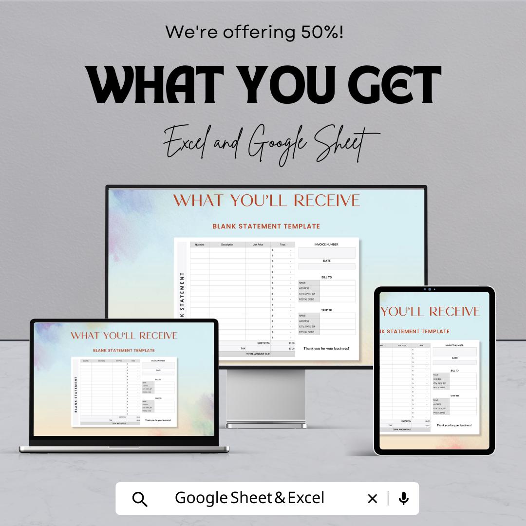 Blank Statement Sheet Template | Excel and Google Sheets | Invoice & Billing Tracker | Business Finance Log | Digital Download