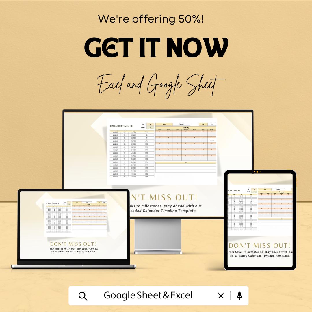 Calendar Timeline Sheet | Excel and Google Sheets | Color-Coded Timeline Template | Plan & Track Events | Customizable Monthly Calendar |