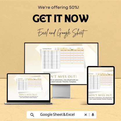 Calendar Timeline Sheet | Excel and Google Sheets | Color-Coded Timeline Template | Plan & Track Events | Customizable Monthly Calendar |