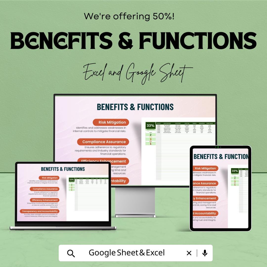 Finance Internal Control Tracking Template, Internal Control Log, Audit Control Tracker, Compliance Spreadsheet, Excel Google Sheets