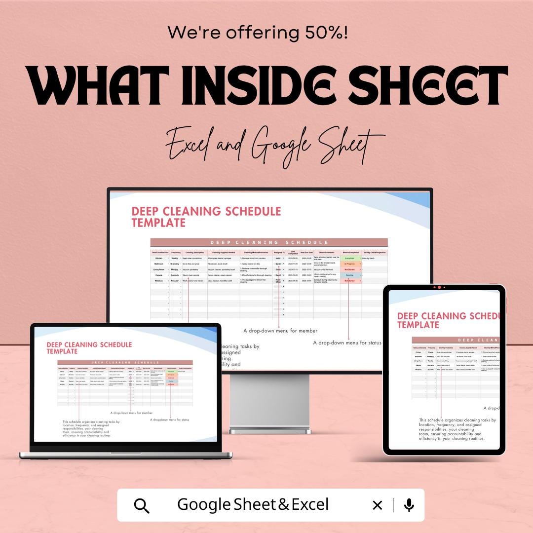 Deep Cleaning Schedule Sheet - Excel & Google Sheets Template - Task Tracking, Cleaning Checklist, Room Assignments