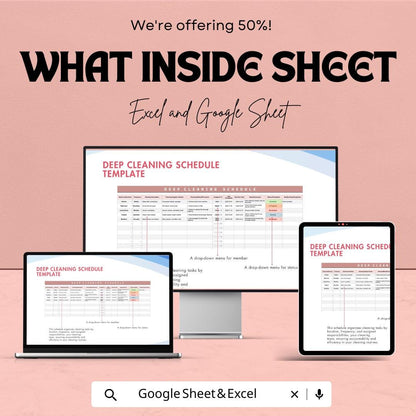 Deep Cleaning Schedule Sheet - Excel & Google Sheets Template - Task Tracking, Cleaning Checklist, Room Assignments