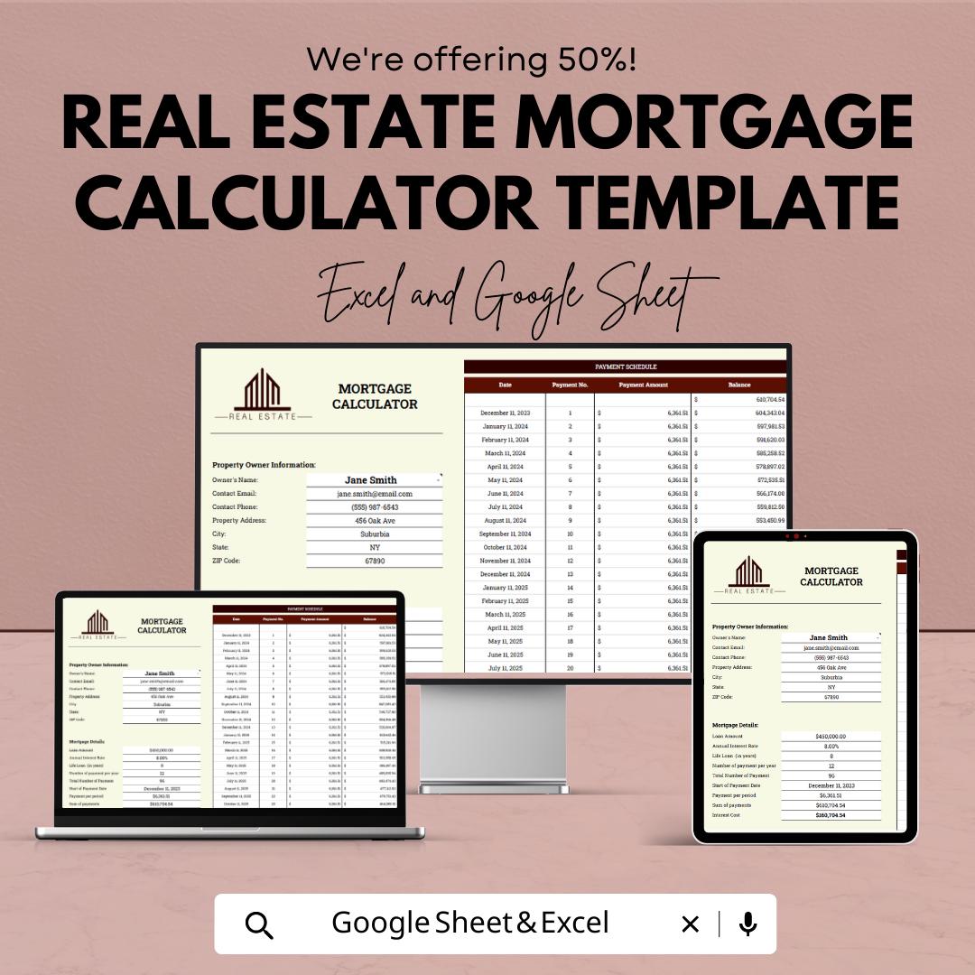 Real Estate Mortgage Calculator | Excel & Google Sheets Loan Payment Calculator | Amortization Schedule Spreadsheet | Home Loan Planner