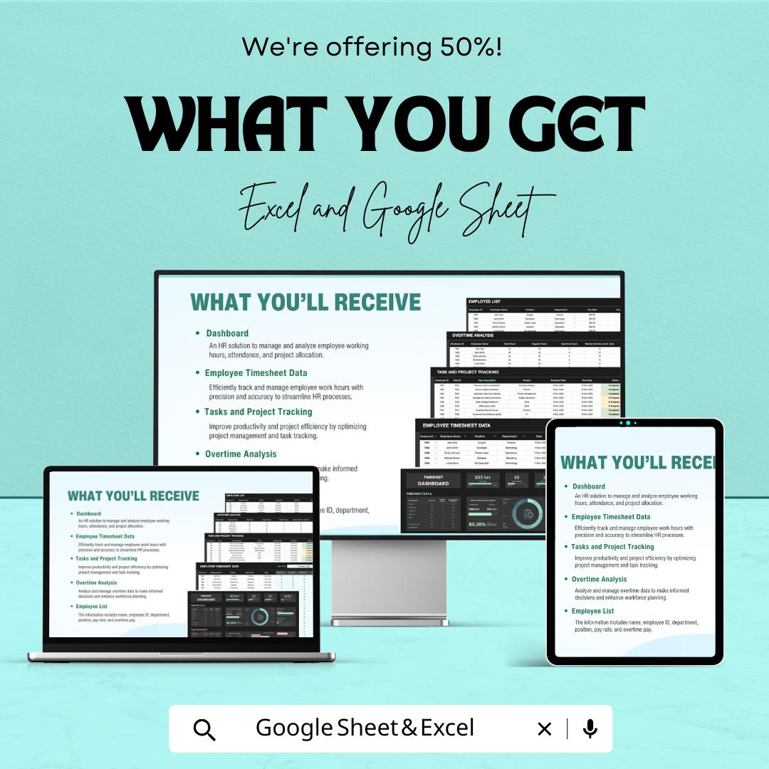 Timesheet Dashboard - Employee Timesheet Tracker - Google Sheet Template - Time Management Dashboard - Task & Project Tracking Sheet
