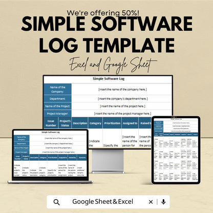 Simple Software Log Template | Excel & Google Sheets | Bug Tracker | Project Management Spreadsheet | Issue Tracking Log | Digital Download