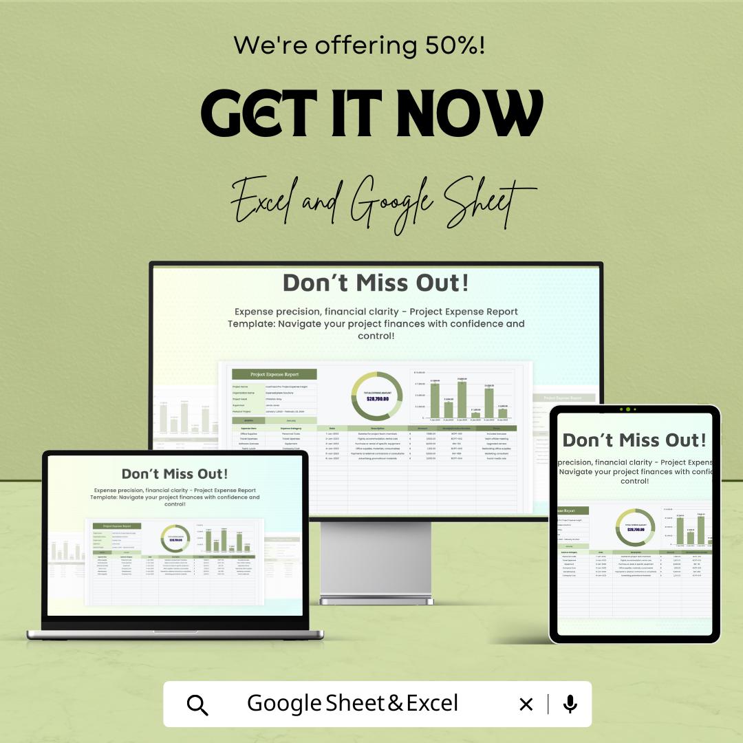 Project Expense Report Sheet | Excel & Google Sheets Template | Budget Tracker | Expense Log | Financial Report Sheet | Instant Download