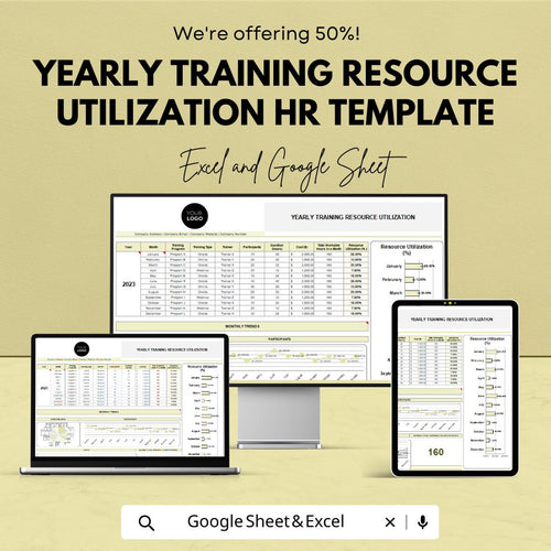 Yearly Training Resource Utilization HR Template, Training Tracker Spreadsheet, HR Training Planner, Excel & Google Sheets