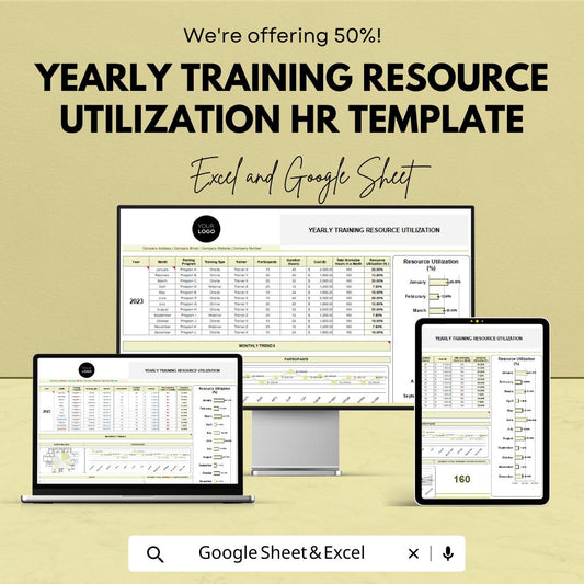 Yearly Training Resource Utilization HR Template, Training Tracker Spreadsheet, HR Training Planner, Excel & Google Sheets
