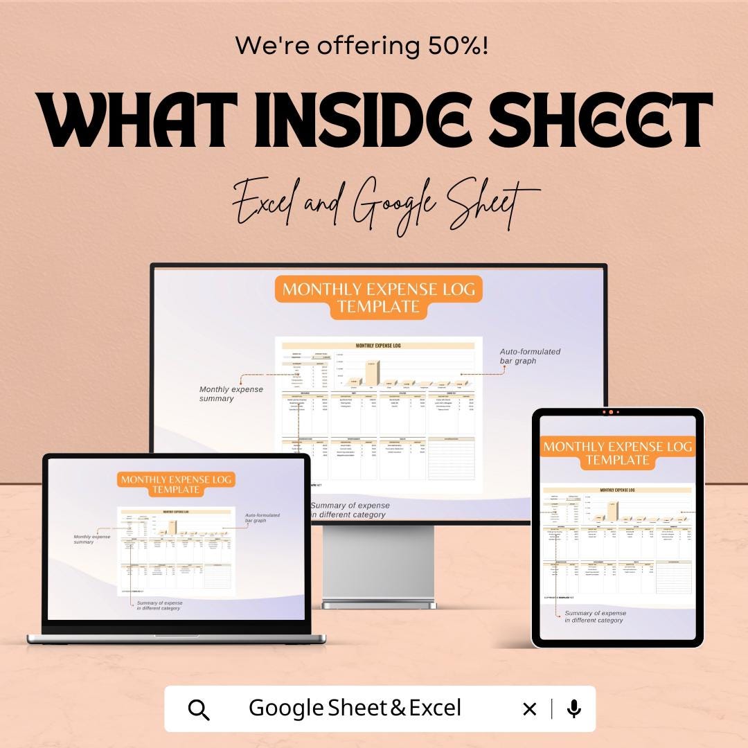 Monthly Expense Sheet Excel & Google Sheets | Budget Tracker, Spending Log, and Expense Analysis Template