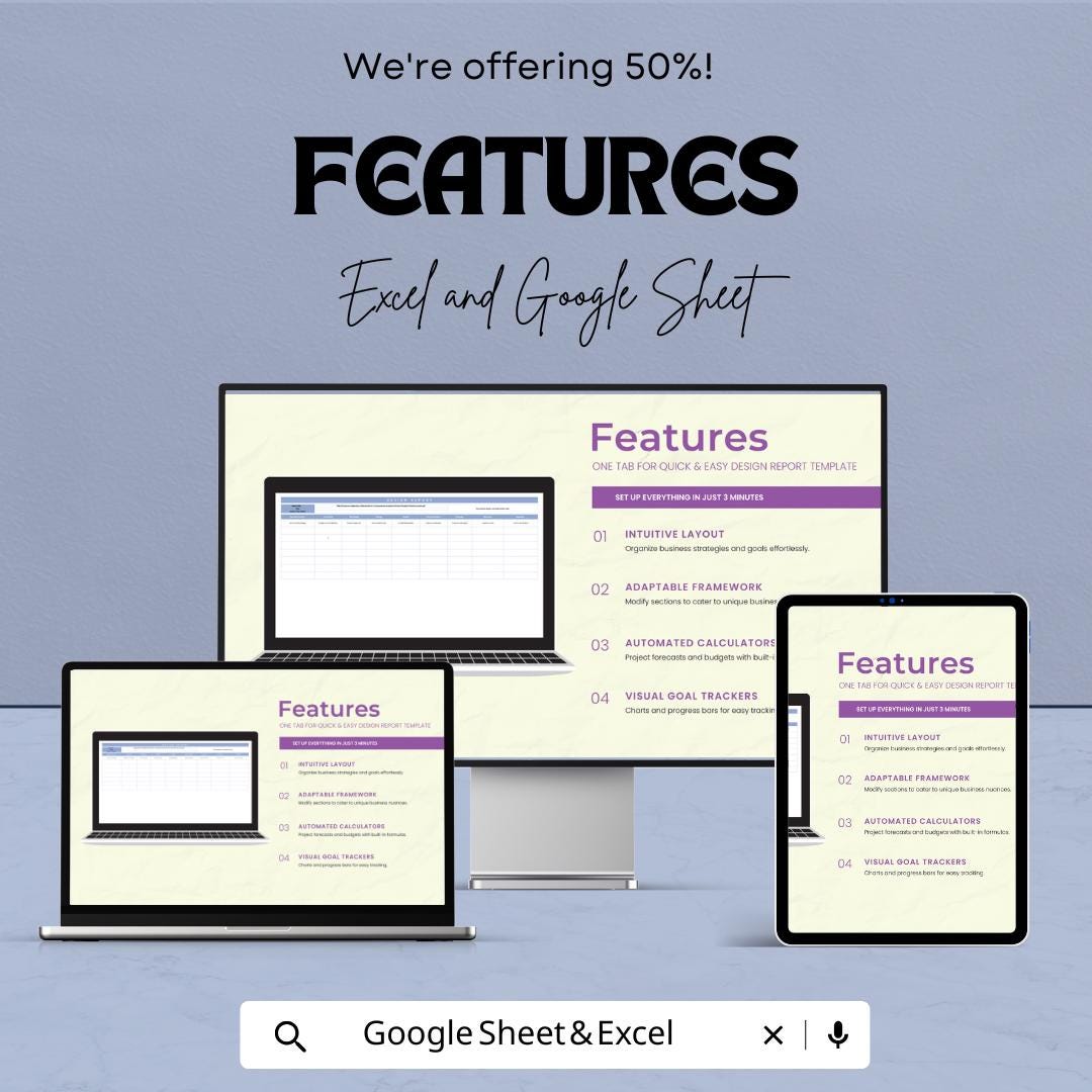 Design Report Template | Excel and Google Sheets | Project Report Template | Business Design Template | Report Layout for Work & Study