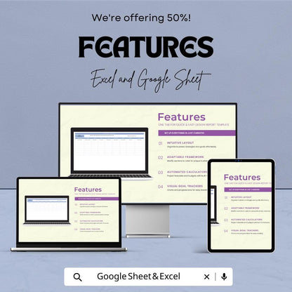 Design Report Template | Excel and Google Sheets | Project Report Template | Business Design Template | Report Layout for Work & Study