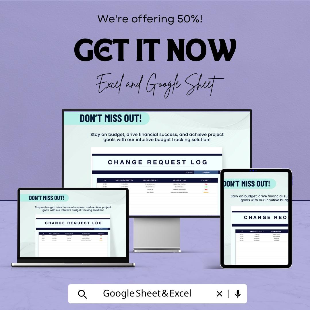 Change Request Log Template | Project Change Tracker | Budget Management Spreadsheet | Excel & Google Sheets Template | Project Management
