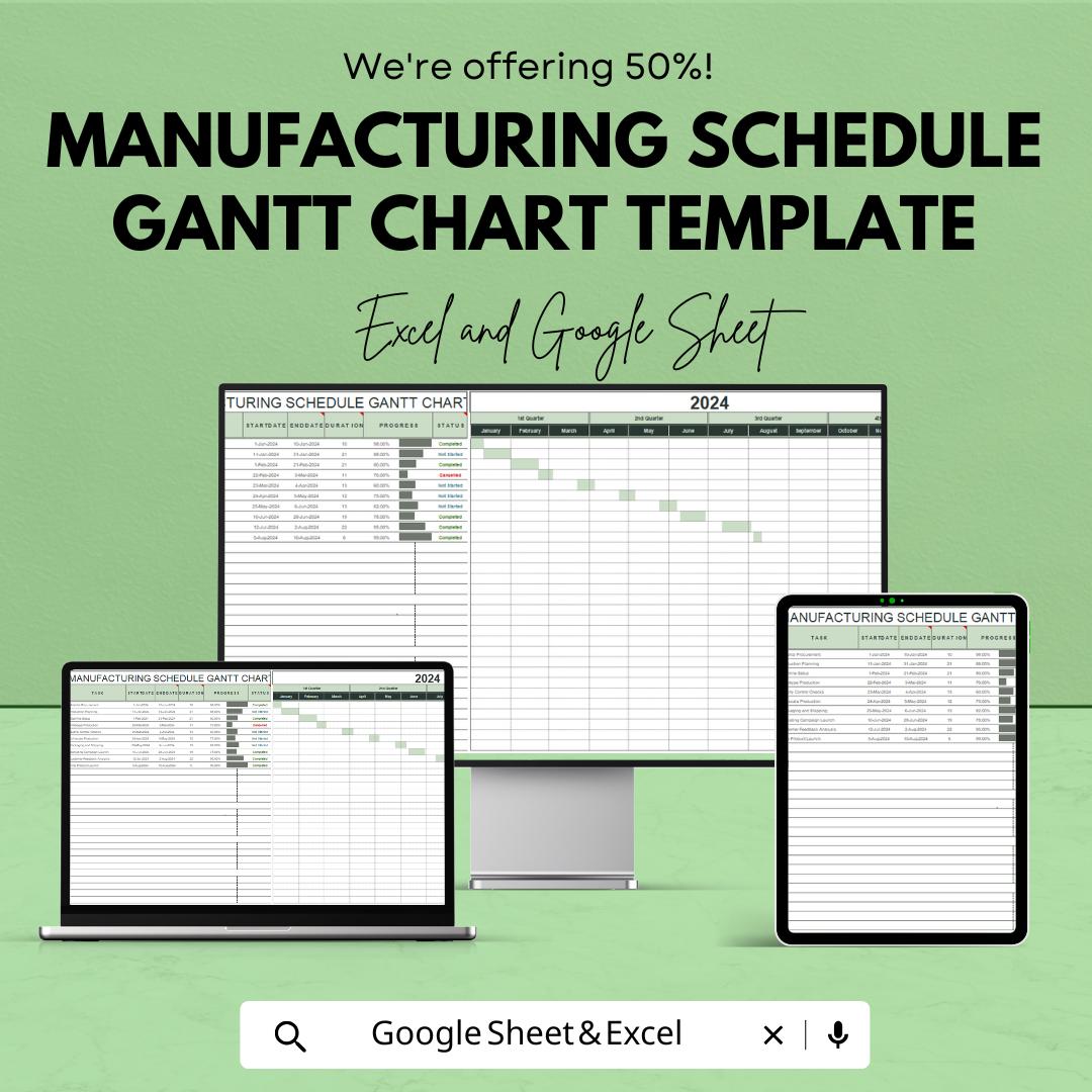 Manufacturing Schedule Gantt Chart Template | Production Planning Template | Project Timeline Tracker | Editable Gantt Chart
