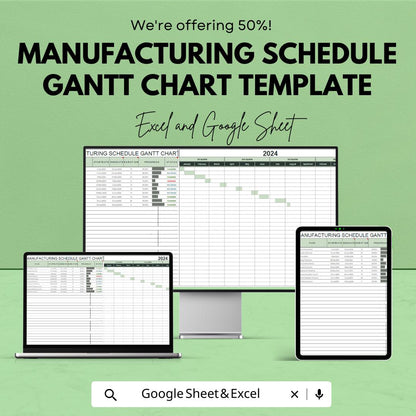 Manufacturing Schedule Gantt Chart Template | Production Planning Template | Project Timeline Tracker | Editable Gantt Chart