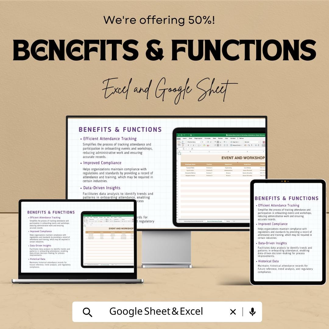 Onboarding Event & Workshop Attendance Sheet HR Template | Employee Training Attendance Tracker | Excel and Google Sheets