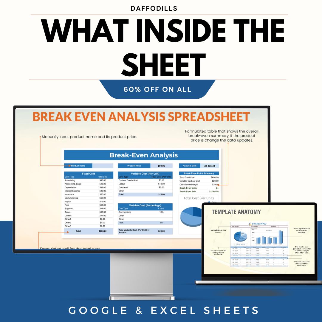 Break Even Analysis Spreadsheet Template, Break Even Calculator, Cost Profit Analysis Sheet, Google Sheets Excel