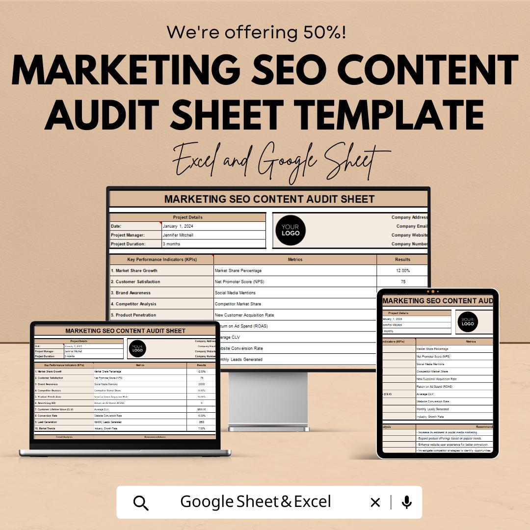 Marketing SEO Content Audit Sheet Template | SEO Audit Tracker | Google Sheets & Excel Template | Website Content Planner | Marketing KPI