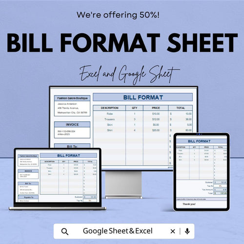 Bill Format Template - Excel & Google Sheets, Professional Invoice Generator, Billing Sheet, Sales Receipt, Customizable Bill Template,