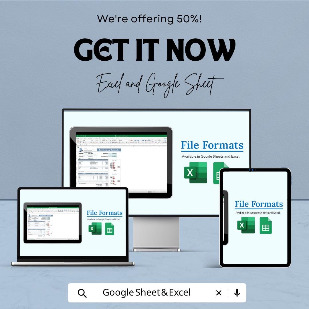Landscaping Estimate Template | Landscaping Contractor Spreadsheet | Lawn Care Bid Proposal Template | Job Cost Estimate Sheet