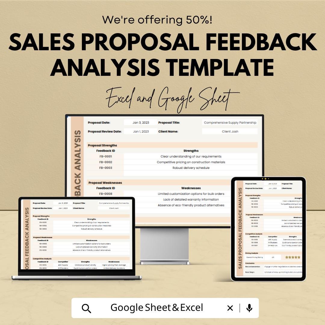 Sales Proposal Feedback Analysis Template | Proposal Review Spreadsheet | Client Feedback Tracker | Excel & Google Sheets |