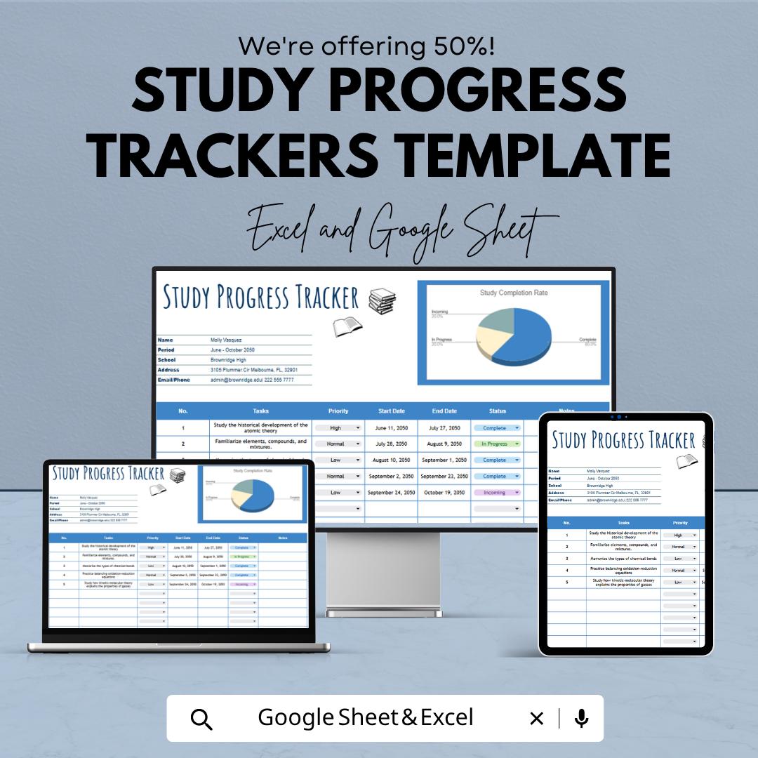 Study Progress Tracker Template | Student Study Planner | Study Tracker Spreadsheet | Academic Progress Tracker