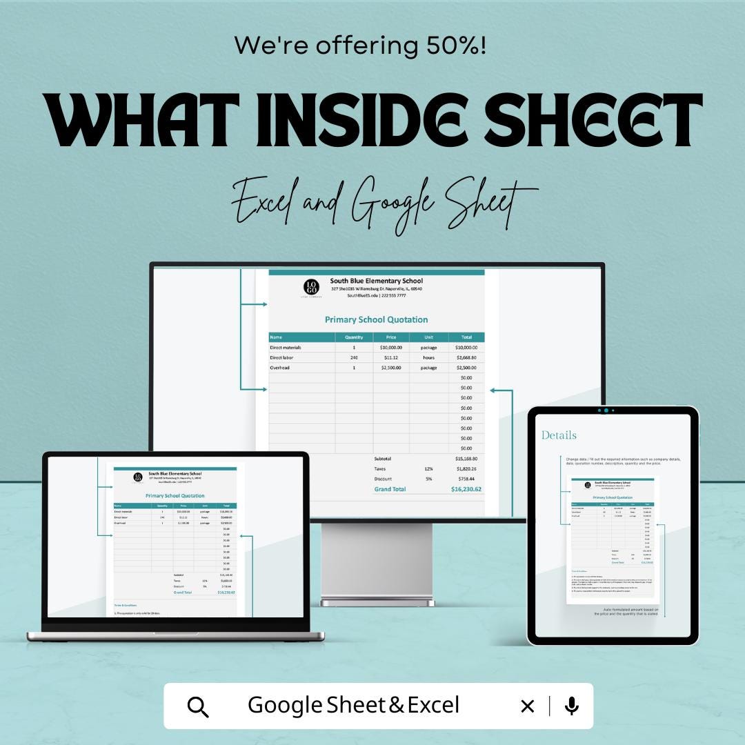 Primary School Quotation Sheet | Editable Excel & Google Sheets Template | Customizable Pricing List for Schools | Instant Download