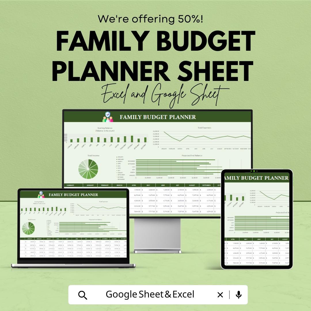 Family Budget Planner Sheet - Excel and Google Sheets Template for Family Financial Management | Monthly Budget Tracker & Expense Planner
