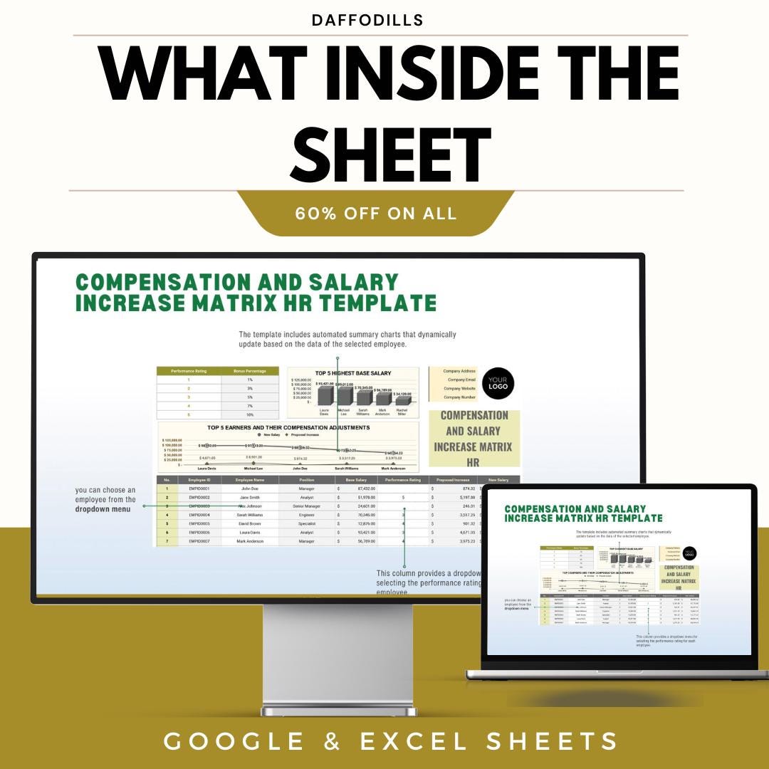 Compensation and Salary Increase Matrix HR Template, Salary Review Tool, Employee Pay Matrix, HR Compensation Planner