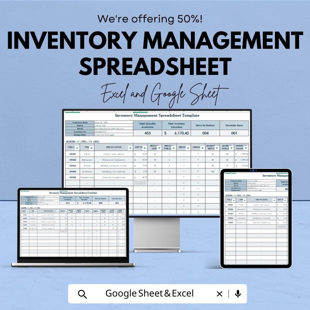 Inventory Management Spreadsheet | Excel and Google Sheets Template for Stock Tracking | Business & Product Inventory | Easy-to-Use |