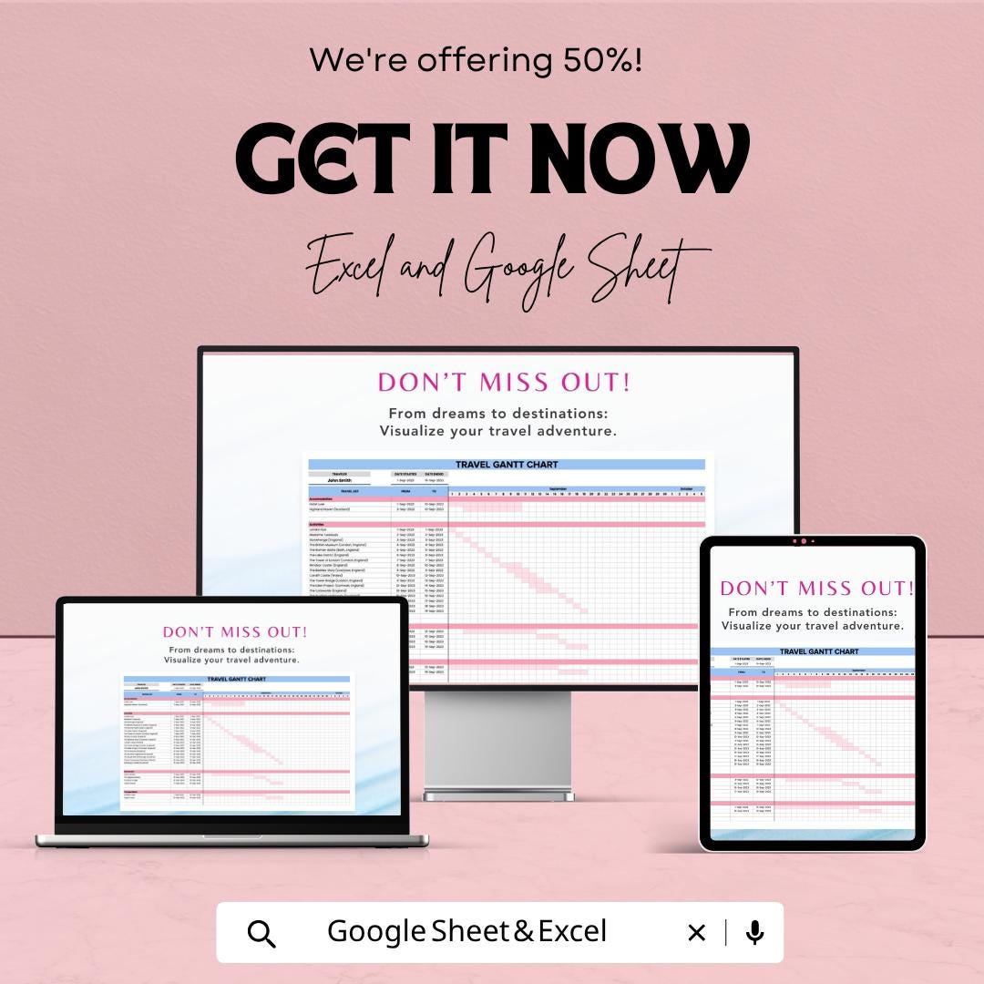 Travel Gantt Chart Template | Travel Planner Spreadsheet | Trip Itinerary Planner | Excel & Google Sheets | Vacation Planning Timeline