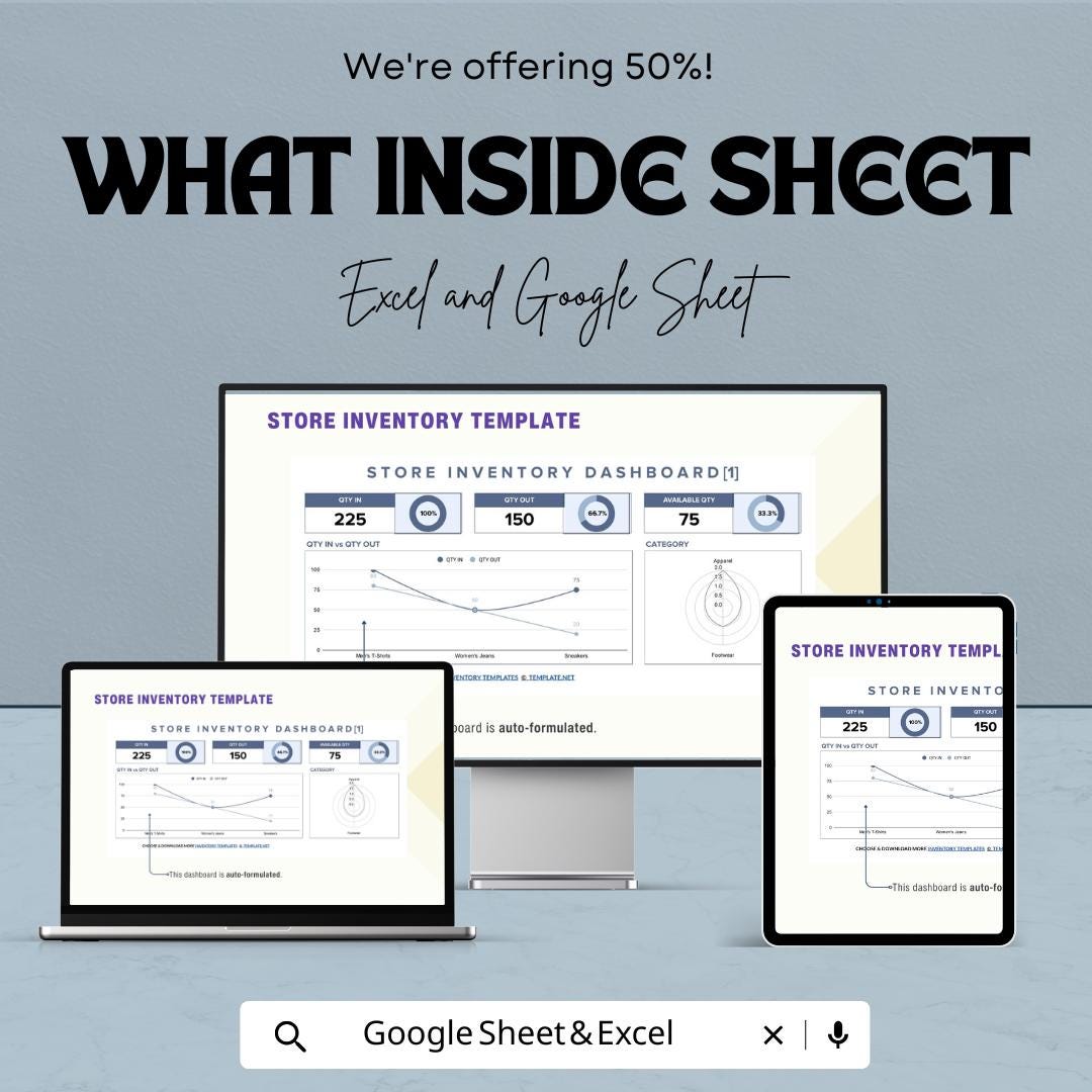 Store Inventory Sheet – Editable Excel & Google Sheet Template | Stock Tracking Dashboard | Quantity In/Out Tracker for Retail
