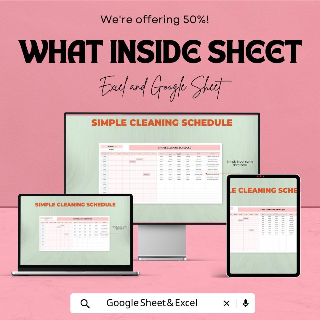 Simple Cleaning Schedule Template | Google Sheets & Excel | Editable Cleaning Planner | Housekeeping Checklist | Cleaning Rotation Sheet