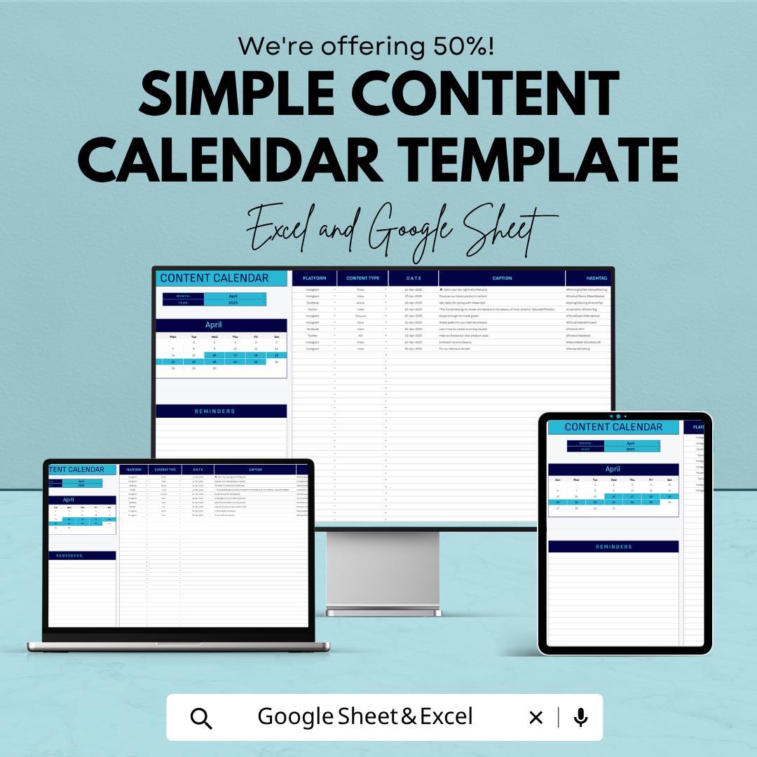 Content Calendar Template | Social Media Planner | Content Planner Spreadsheet | Marketing Calendar | Editable Template