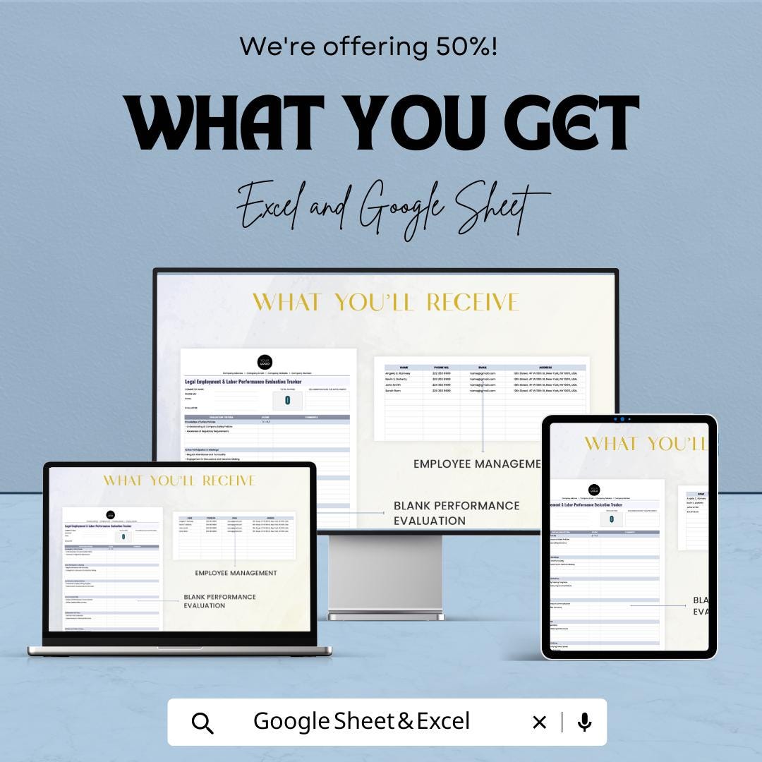 Legal Employment Performance Evaluation Tracker | HR Employee Review Tracker | Labor Compliance Evaluation Form | Workplace Performance Log