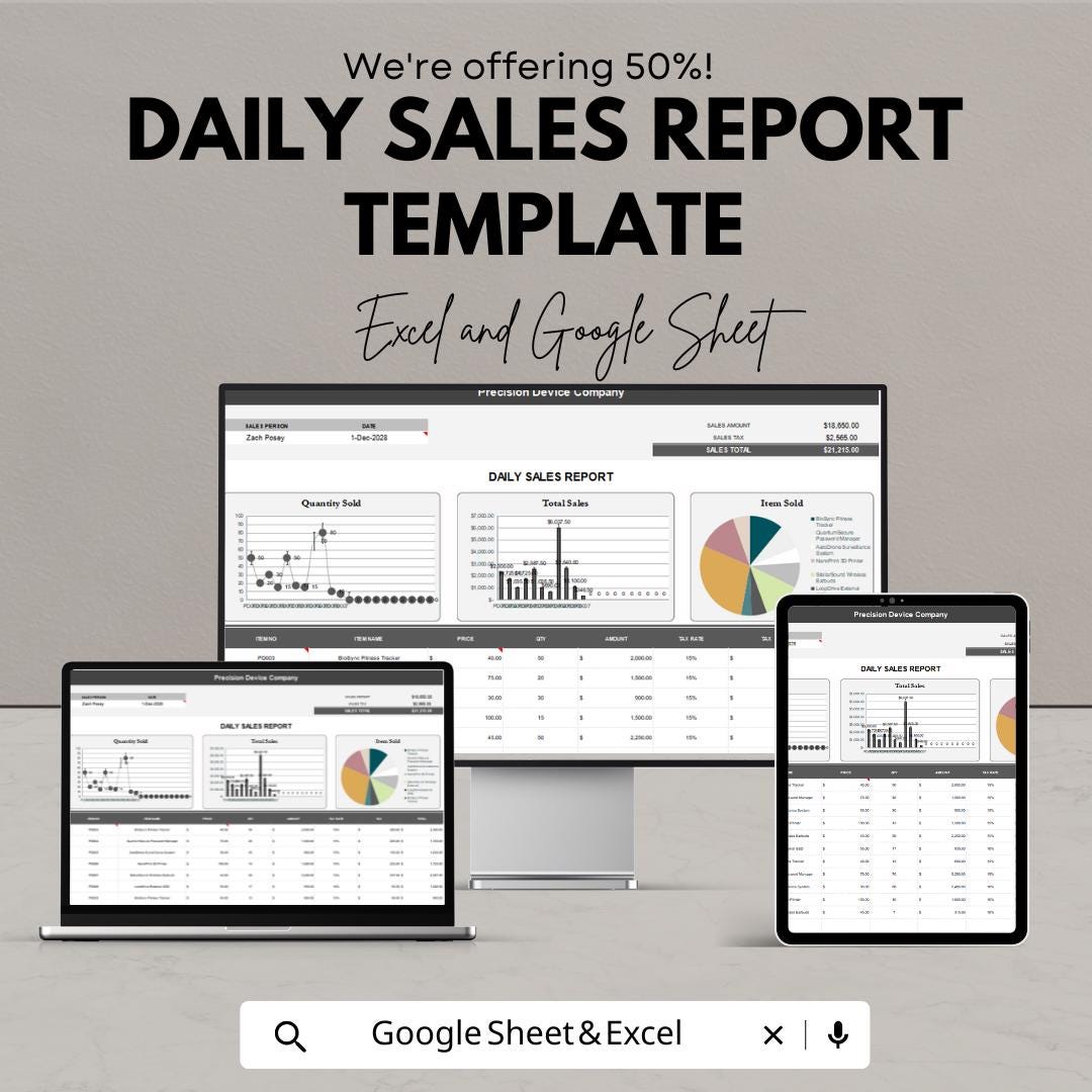 Daily Sales Report Template | Excel & Google Sheets | Sales Tracker Dashboard | Business Analytics Spreadsheet | Sales Performance Log
