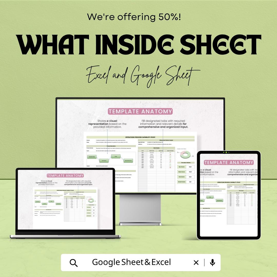Operations Process Capability Study Template Excel Google Sheets | Process Improvement Spreadsheet | Quality Control Analysis |