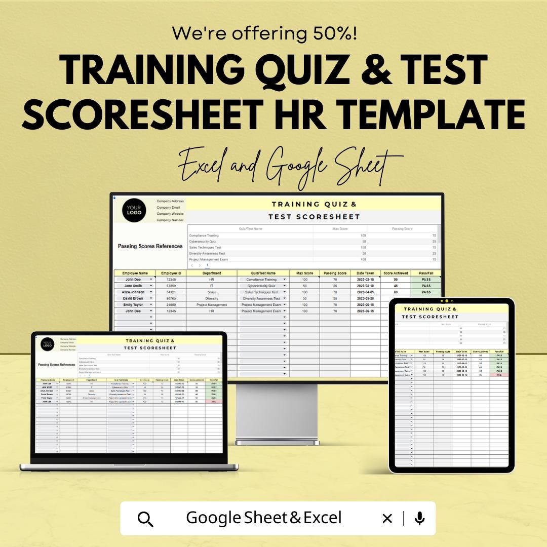 Training Quiz & Test Scoresheet HR Template, Employee Training Tracker, HR Score Sheet, Staff Assessment Log