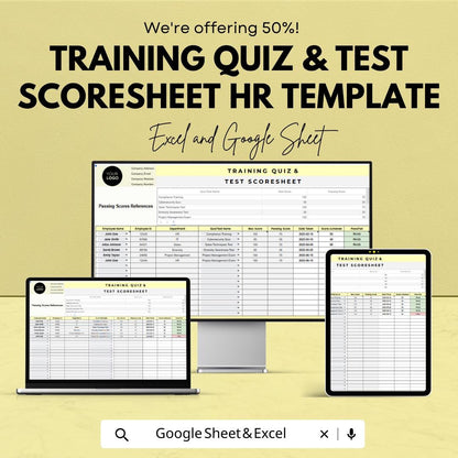 Training Quiz & Test Scoresheet HR Template, Employee Training Tracker, HR Score Sheet, Staff Assessment Log