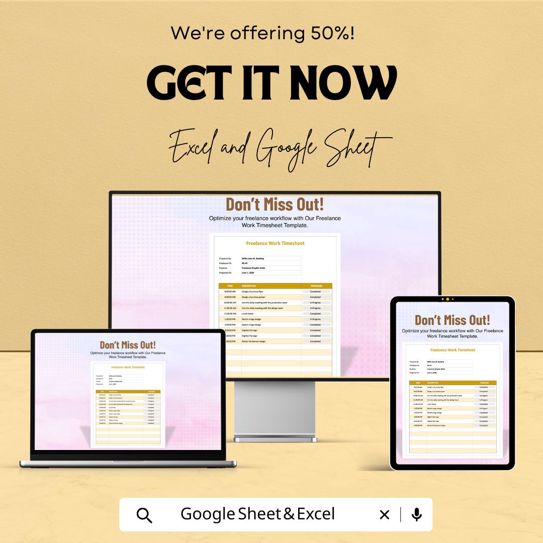 Freelance Work Timesheet Template - Excel and Google Sheet | Track Your Hours & Tasks | Time Management for Freelancers
