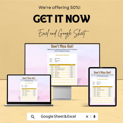 Freelance Work Timesheet Template - Excel and Google Sheet | Track Your Hours & Tasks | Time Management for Freelancers