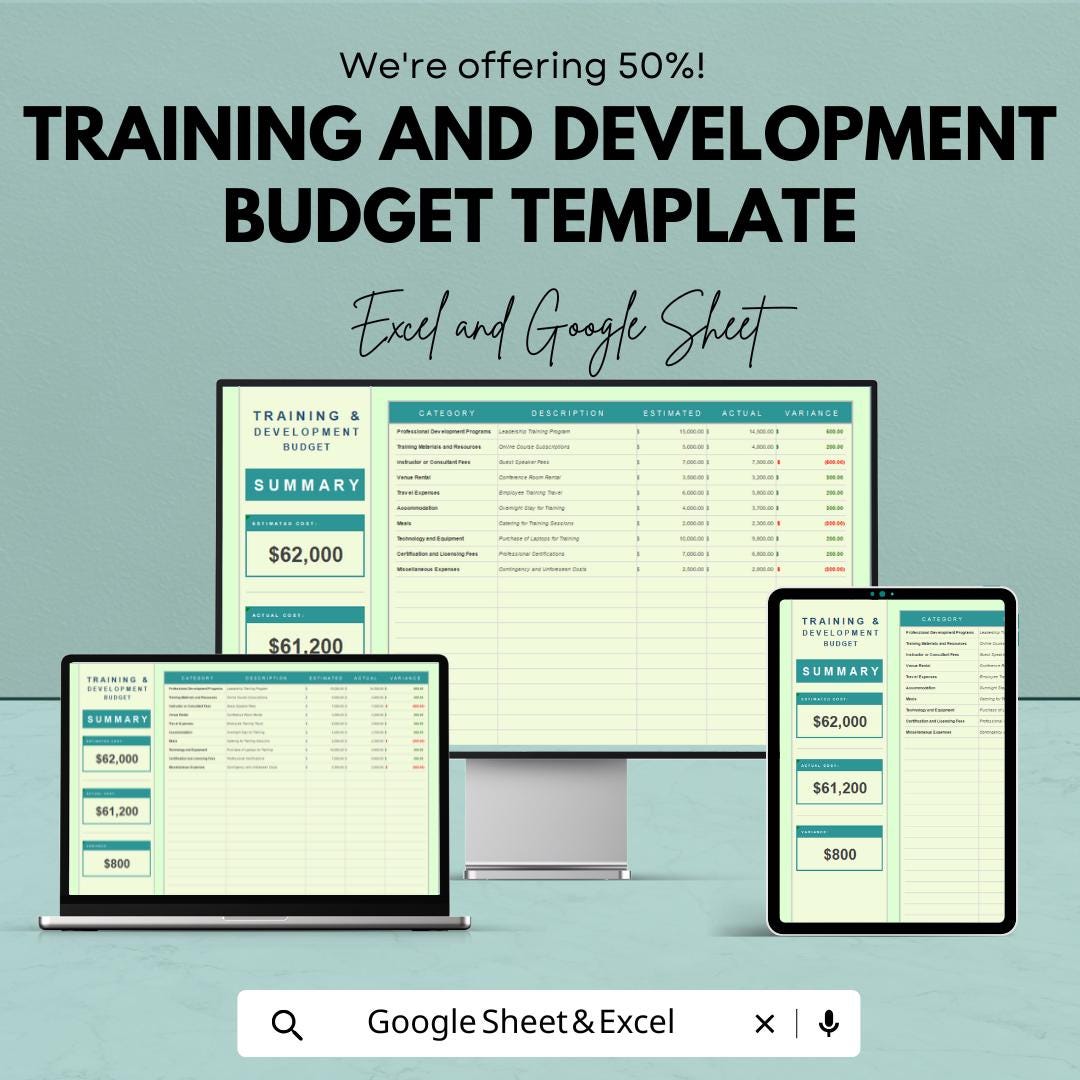 Training and Development Budget Template | Excel & Google Sheets Budget Planner | Employee Training Tracker | Learning Program Cost Analysis
