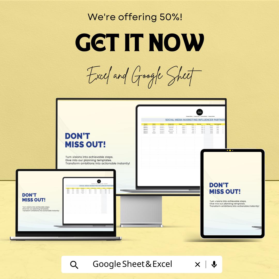 Social Media Marketing Influencer Partnership ROI Sheet – Excel & Google Sheets Template – Track Influencer Performance – Marketing Tool